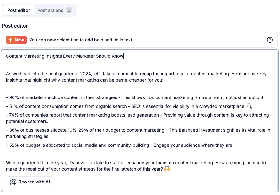 Draft linkedin post on post editor